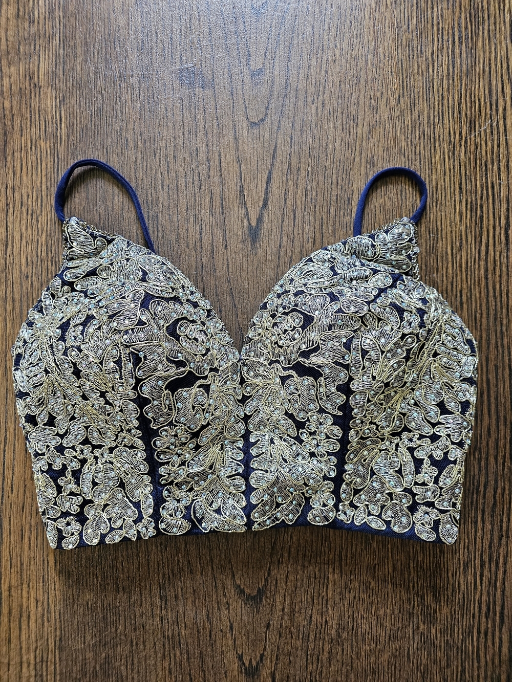 B Darlin Gold Embellished Navy Beaded Bustier Top Size Womens 0